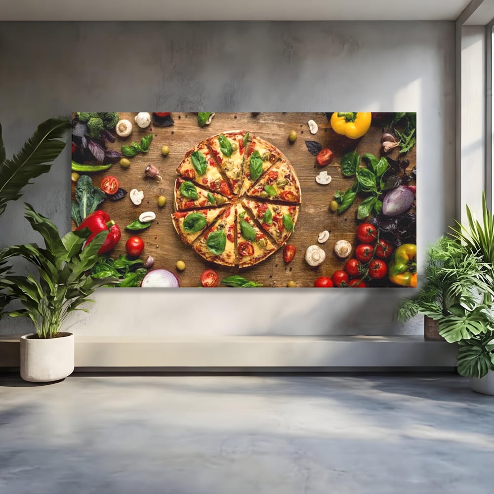 Tablou canvas cu tablou canvas cu pizza si legume, fara rama, pe sasiu de lemn